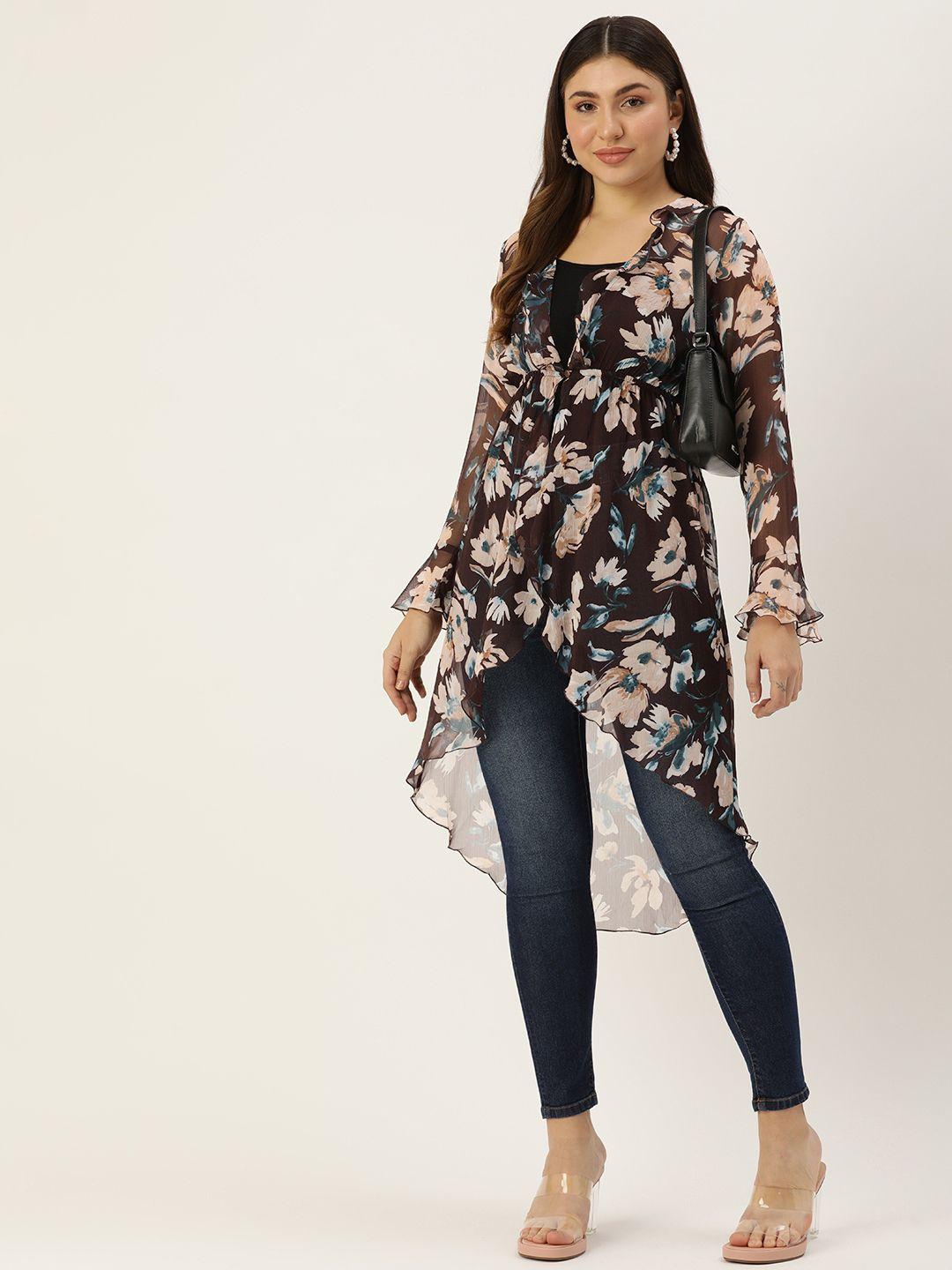 roving mode floral printed longline button shrug with ruffles
