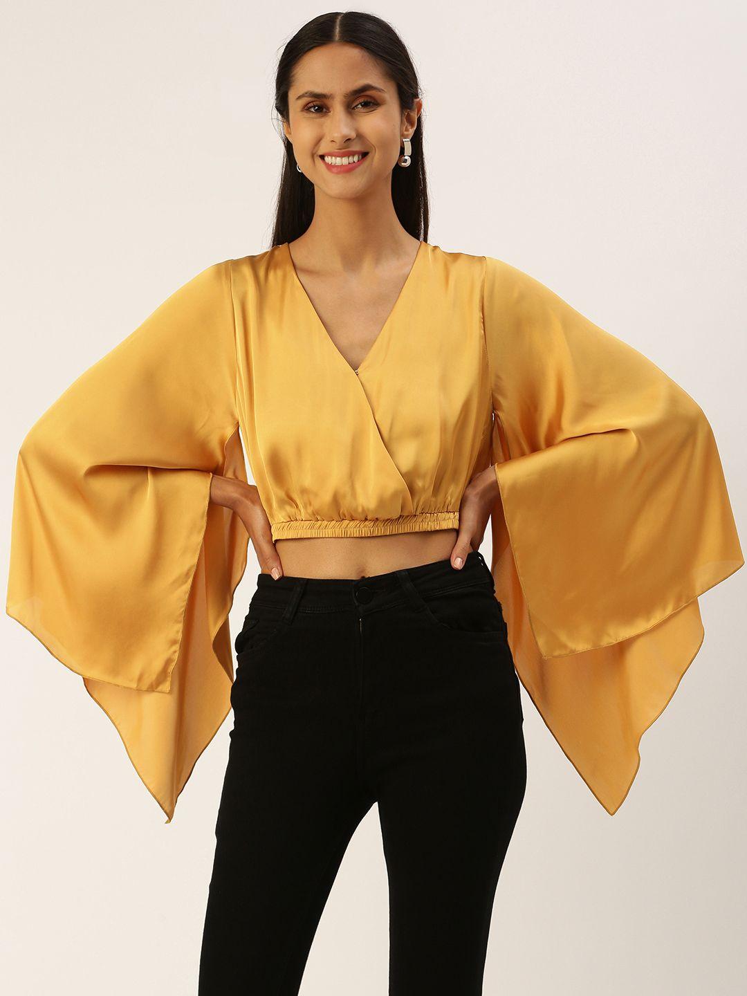 roving mode solid flared sleeve satin wrap crop top