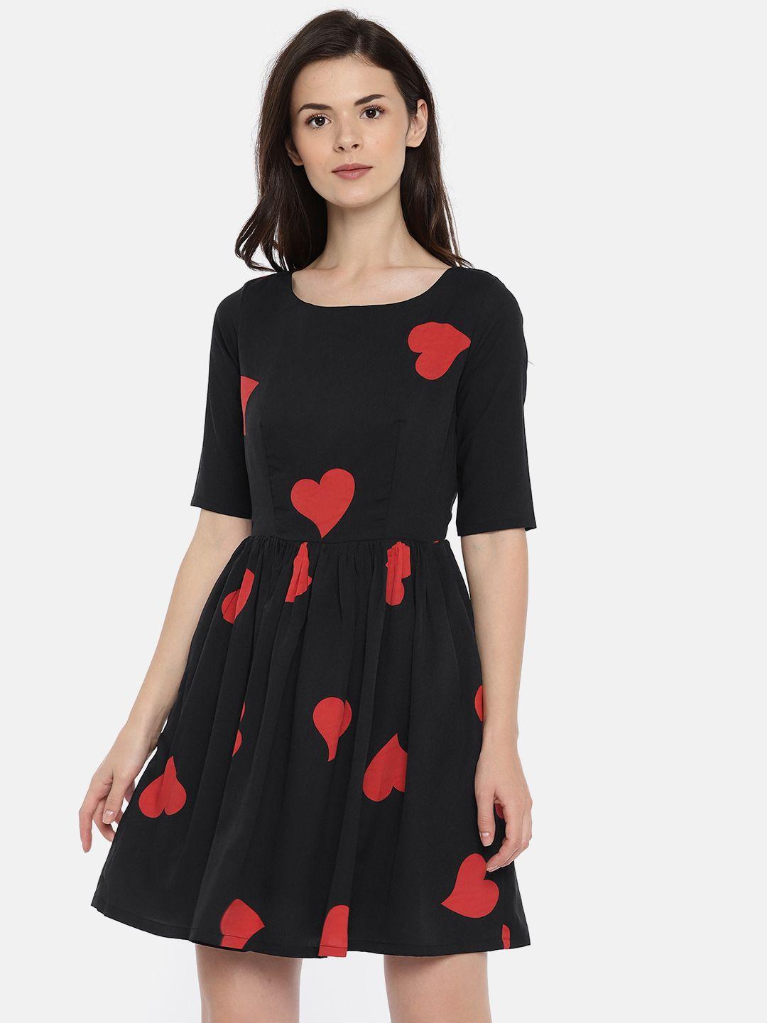 roving mode women black & red heart print fit and flare dress