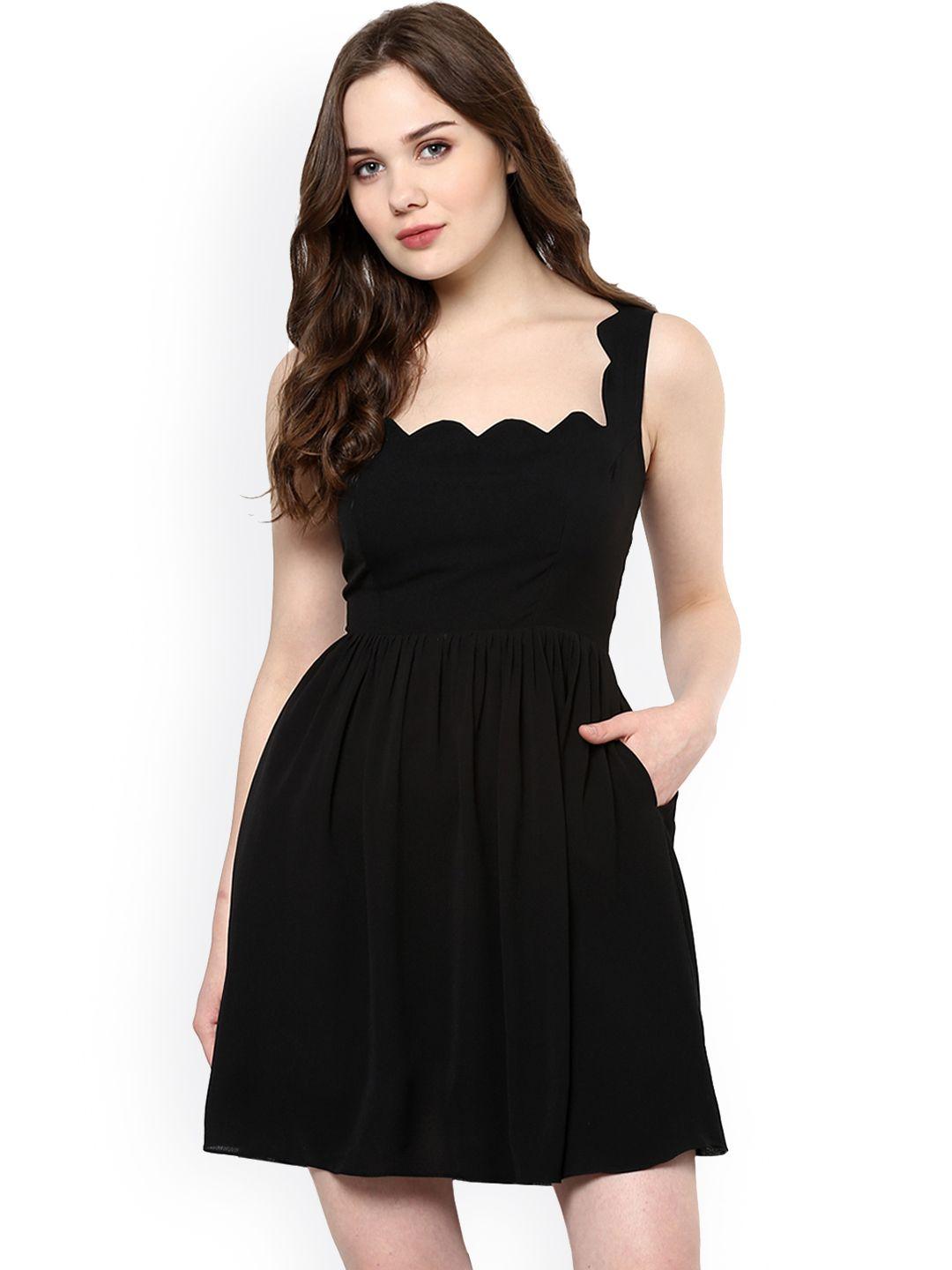 roving mode women black solid fit and flare dress