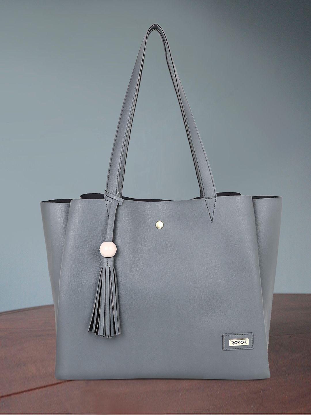 rovok grey colourblocked pu shopper shoulder bag with tasselled
