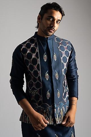 royal blue chanderi thread work nehru jacket