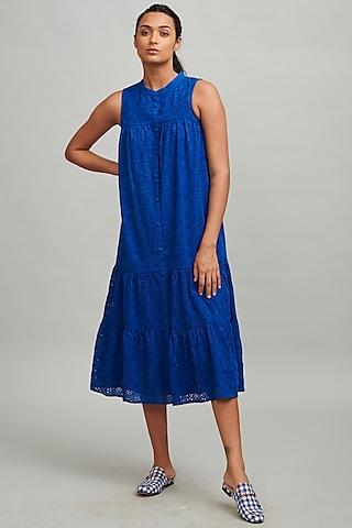royal blue embroidered tiered midi dress