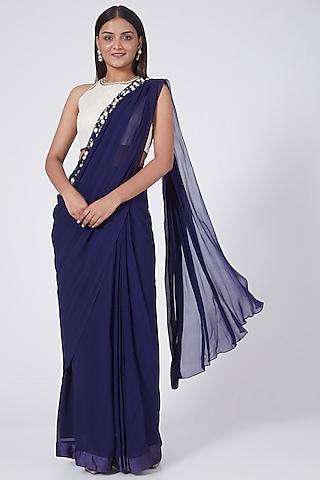 royal blue floral embroidered draped saree set