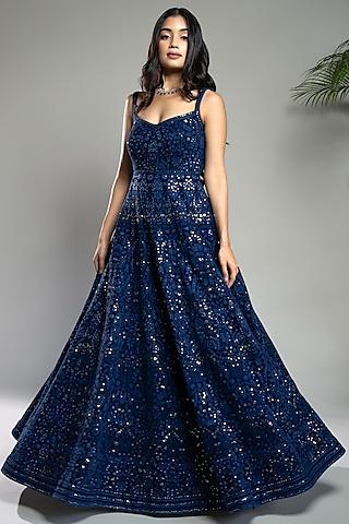 royal blue georgette chikankari sequins embroidered dress