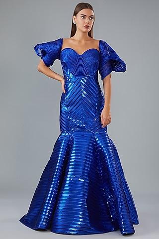 royal blue metallic polymer gown with cape