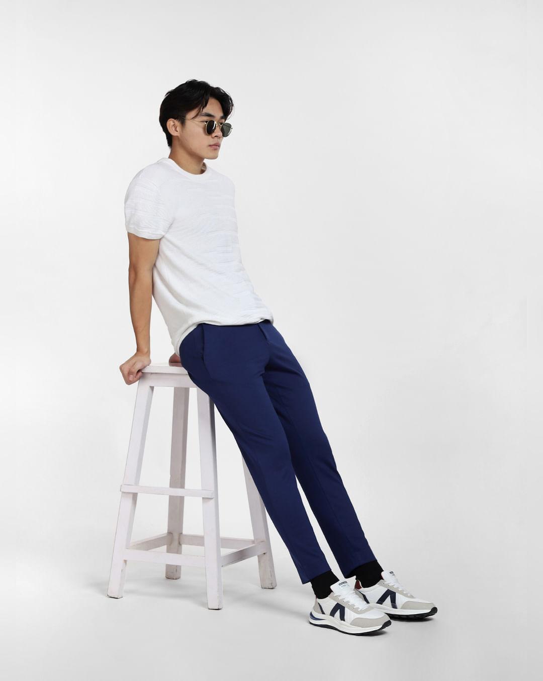 royal blue mid rise slim fit trousers