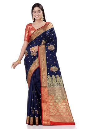 royal blue satin silk solid banarasi saree with beautiful embroidery and stone work in body and border - royal blue