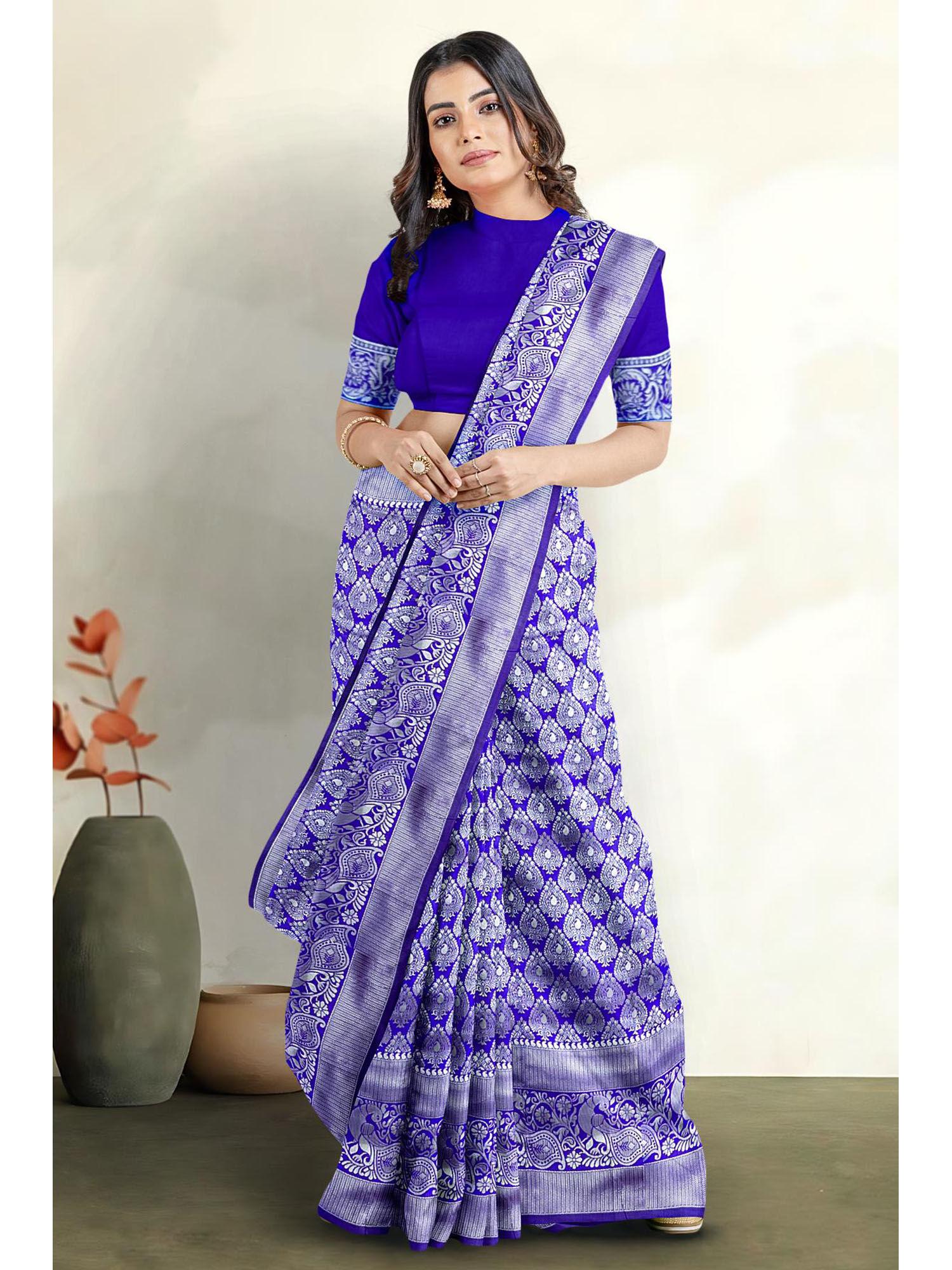 royal blue silk blend ethnic motifs saree with blouse piece with unstitched