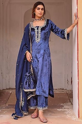 royal blue velvet cutdana embroidered kurta set