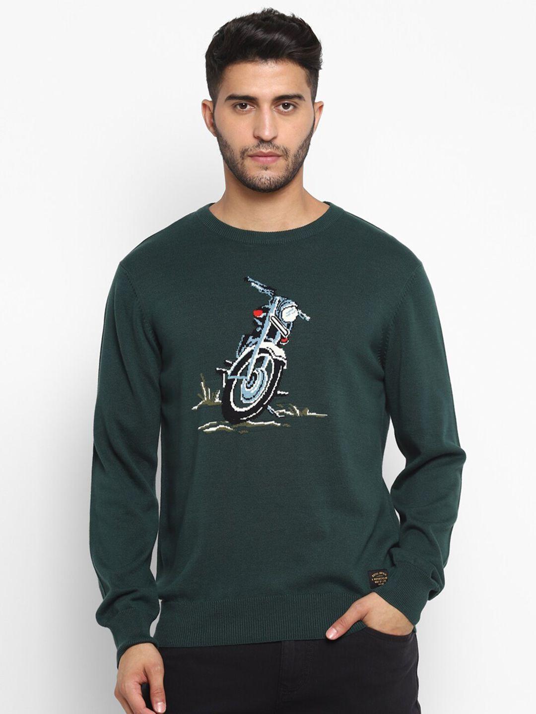 royal enfield men green pure cotton printed pullover sweater