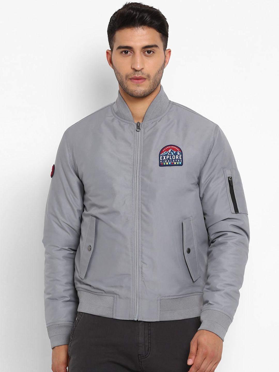 royal enfield men grey bomber jacket with patchwork