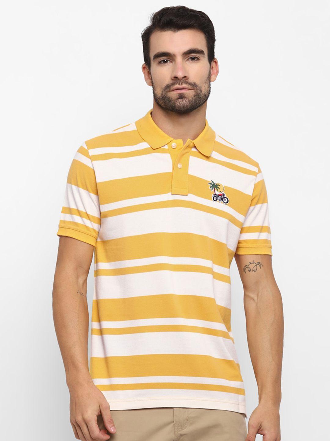 royal enfield men mustard yellow & white striped polo collar t-shirt