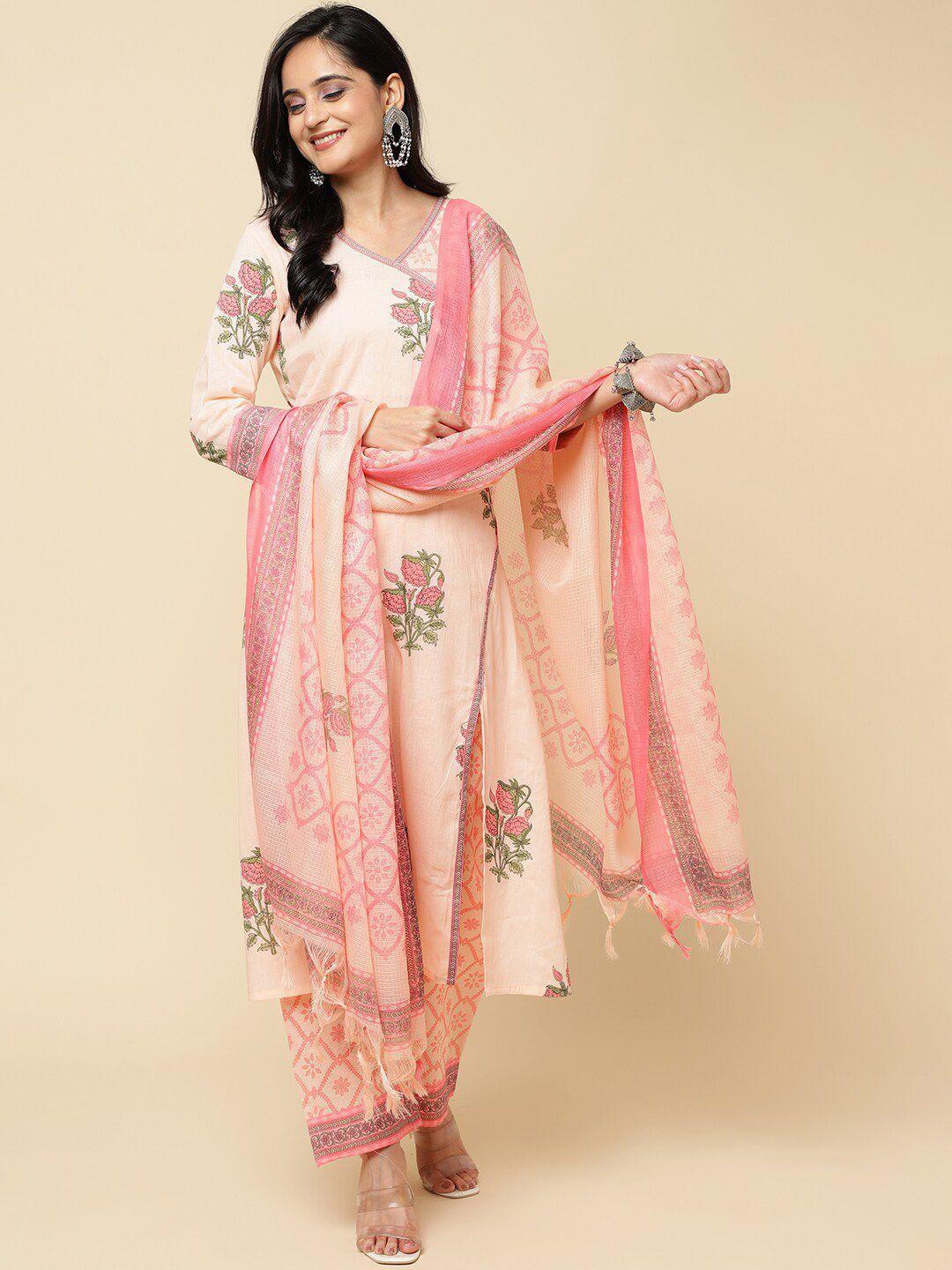 royal export ethnic motifs printed v-neck a-line kurta & trousers with dupatta