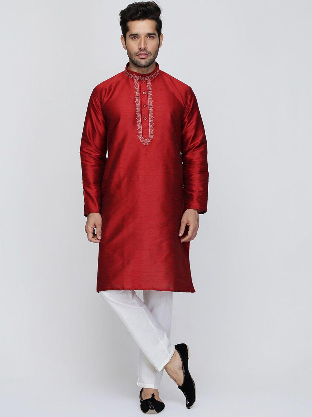 royal kurta floral yoke design mandarin collar thread work kurta with pyjamas