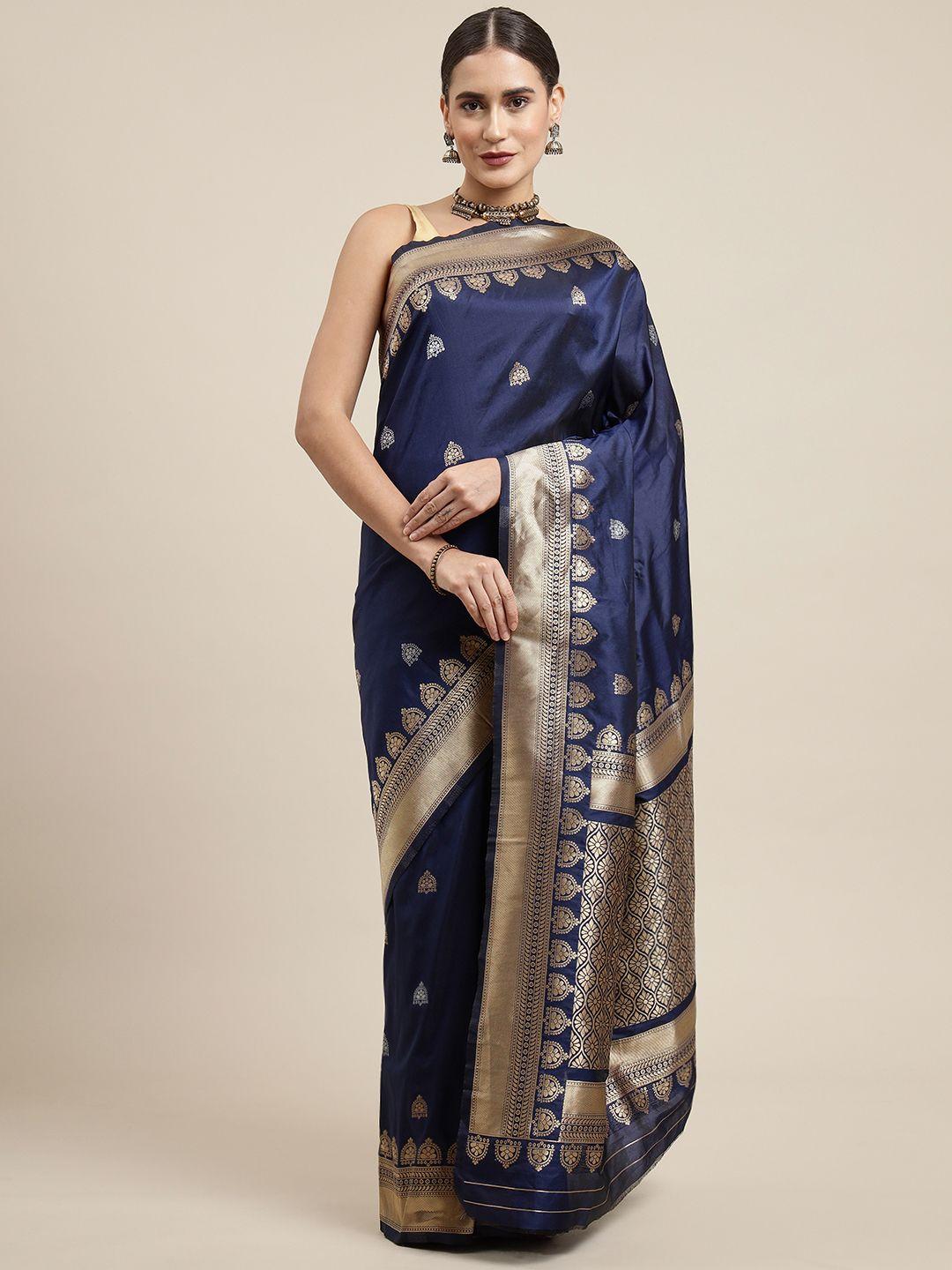 royal rajgharana saree navy blue woven design silk blend banarasi saree with blouse