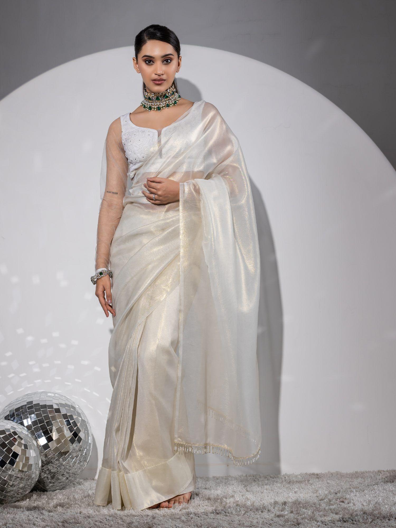 royal affair white gold organza saree with embroidered unstitched blouse fabric