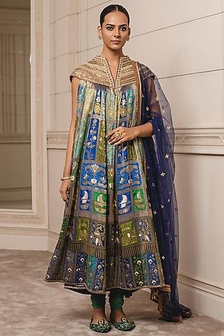 royal blue & sea foam embroidered kalidar kurta set