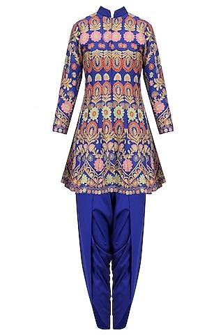 royal blue aari work kurta with matching dhoti pants