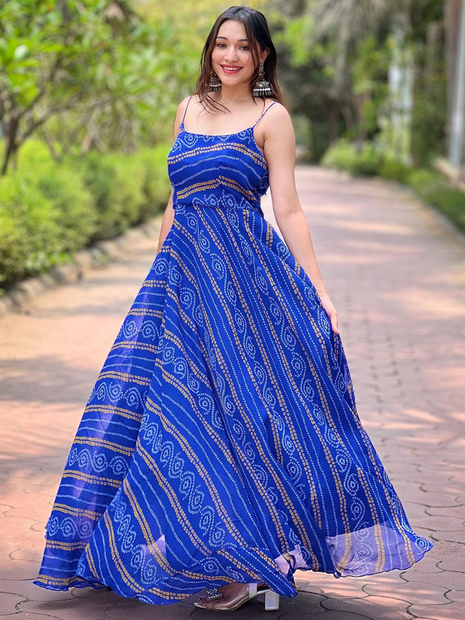 royal blue bandhej printed dress