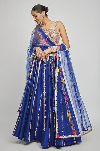 royal blue chanderi gota & resham embroidered pleated lehenga set