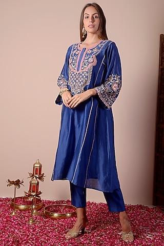 royal blue chanderi hand embroidered a-line kurta set