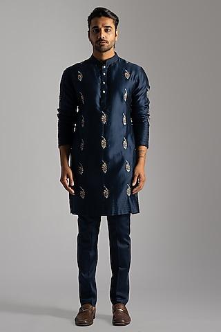 royal blue chanderi motifs embroidered kurta set