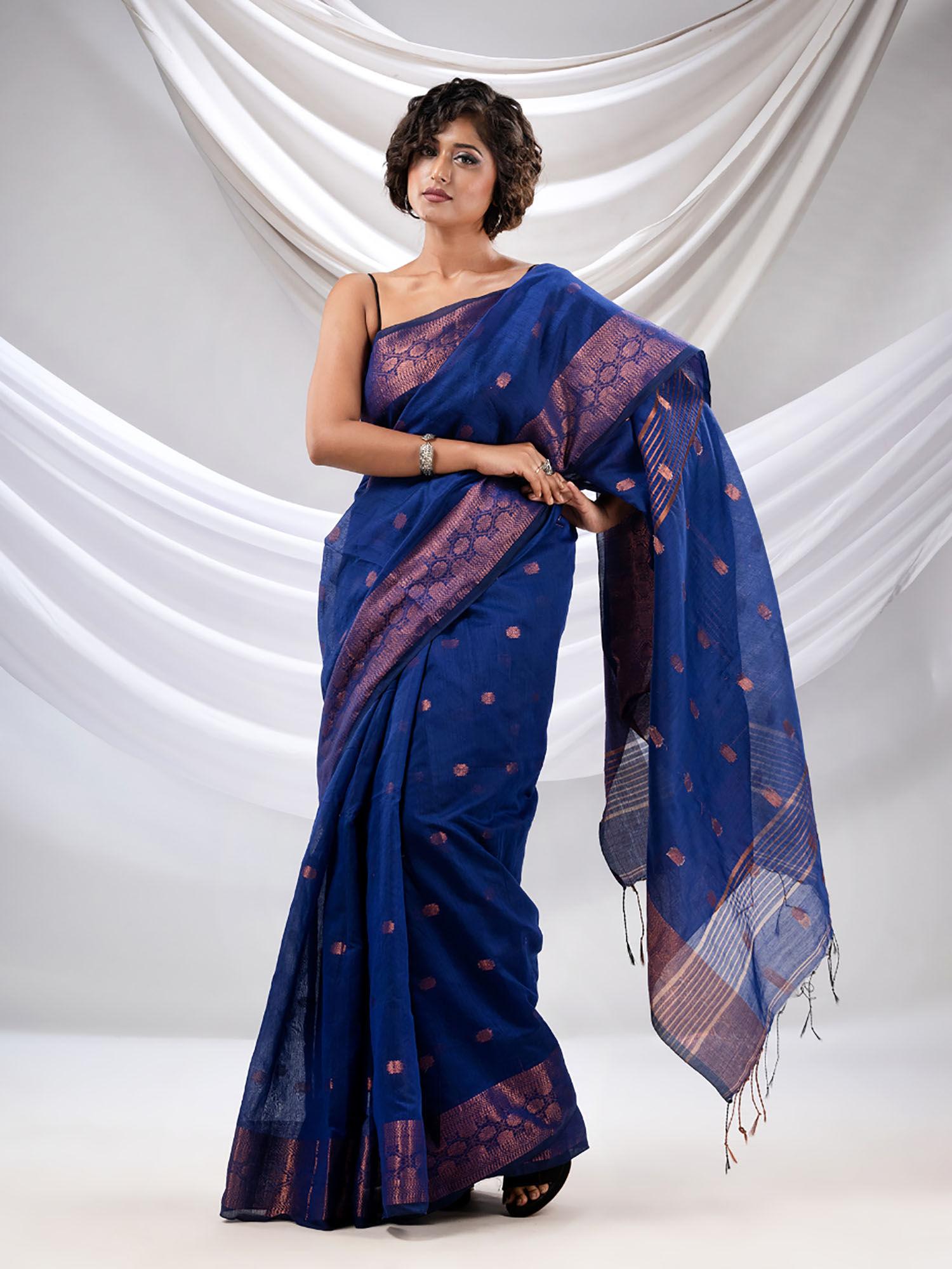 royal blue cotton blend handwoven saree with zari borders with unstitched blouse