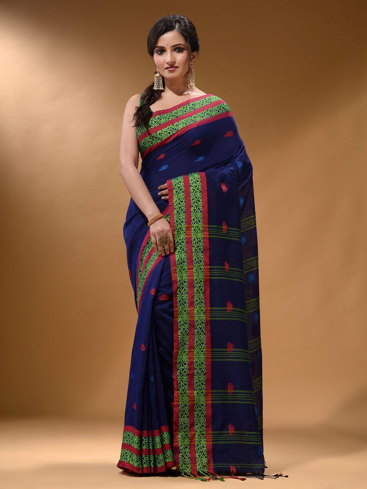 royal blue cotton handspun soft nakshi border saree with unstitched blouse