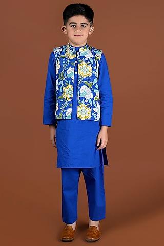 royal blue cotton kurta set with nehru jacket for boys