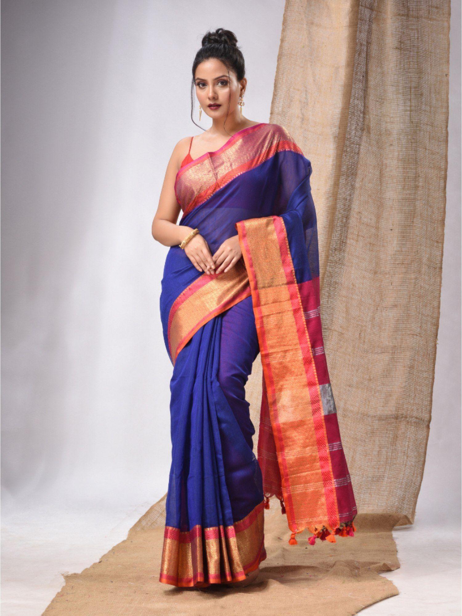 royal blue cotton silk handwoven saree with stripes pallu & unstitched blouse