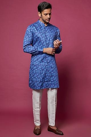 royal blue cotton silk printed kurta set