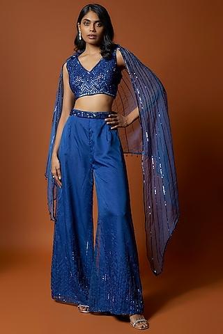 royal blue crepe & organza cape set