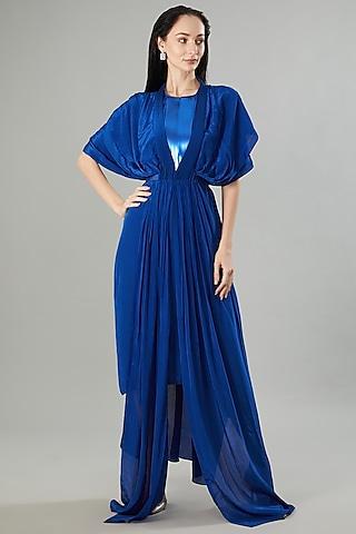 royal blue crepe chiffon & metallic polymer maxi dress