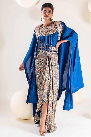 royal blue dupion thread hand embroidered cape set