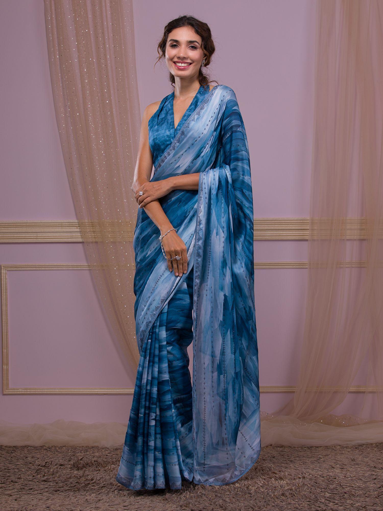 royal blue embellished semi crepe saree with unstitched blouse