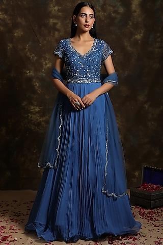 royal blue embroidered anarkali set