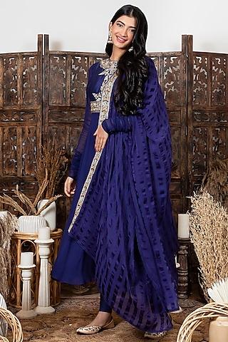 royal blue embroidered anarkali set