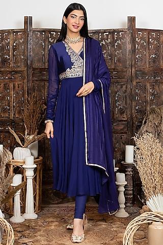 royal blue embroidered angrakha anarkali set