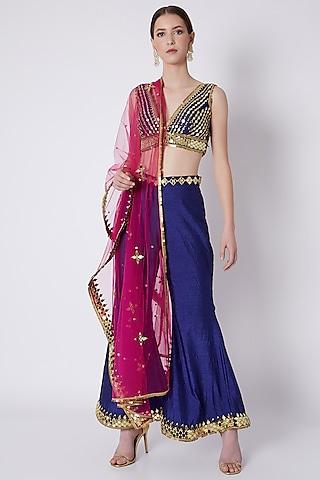 royal blue embroidered blouse with bell bottoms & dupatta