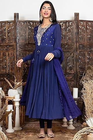 royal blue embroidered chanderi anarkali set