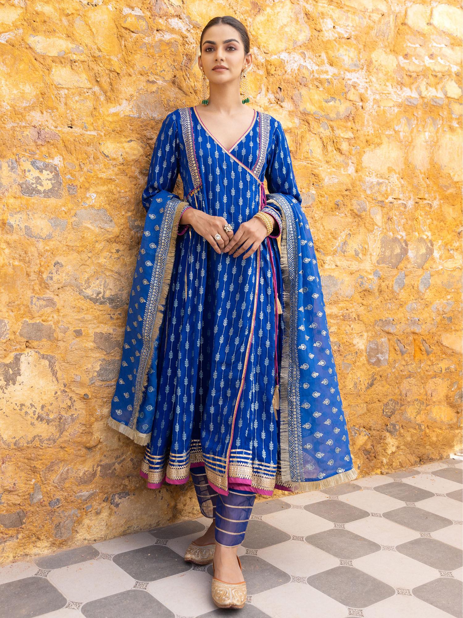 royal blue embroidered ethnic angrakha kurta with pant and dupatta (set of 3)