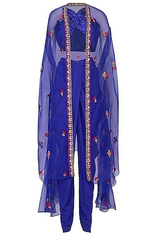 royal blue embroidered ikat crop top with dhoti pants & cape