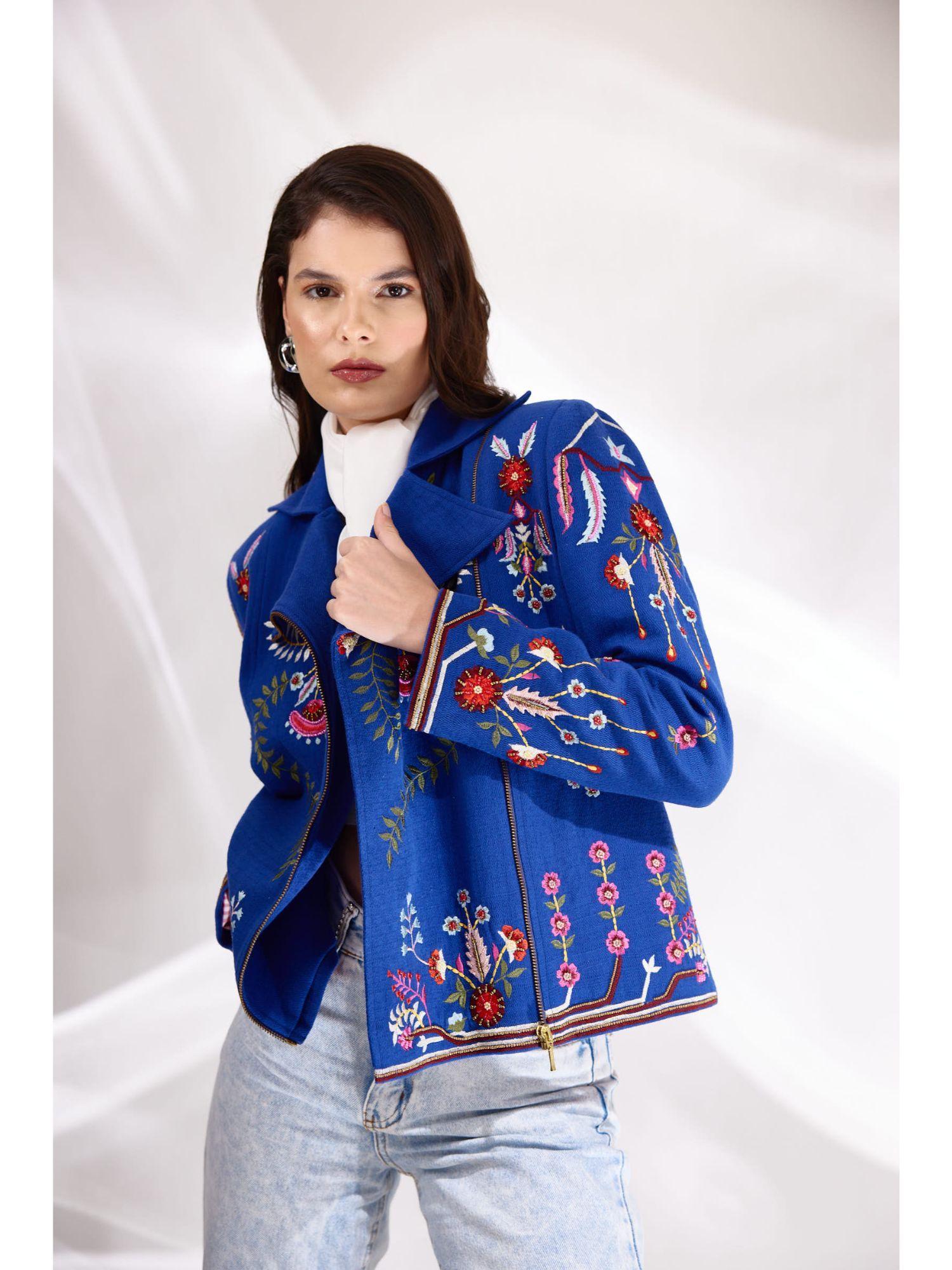 royal blue embroidered relaxed biker in handloom herringbone cotton