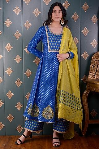 royal blue foil printed anarkali set