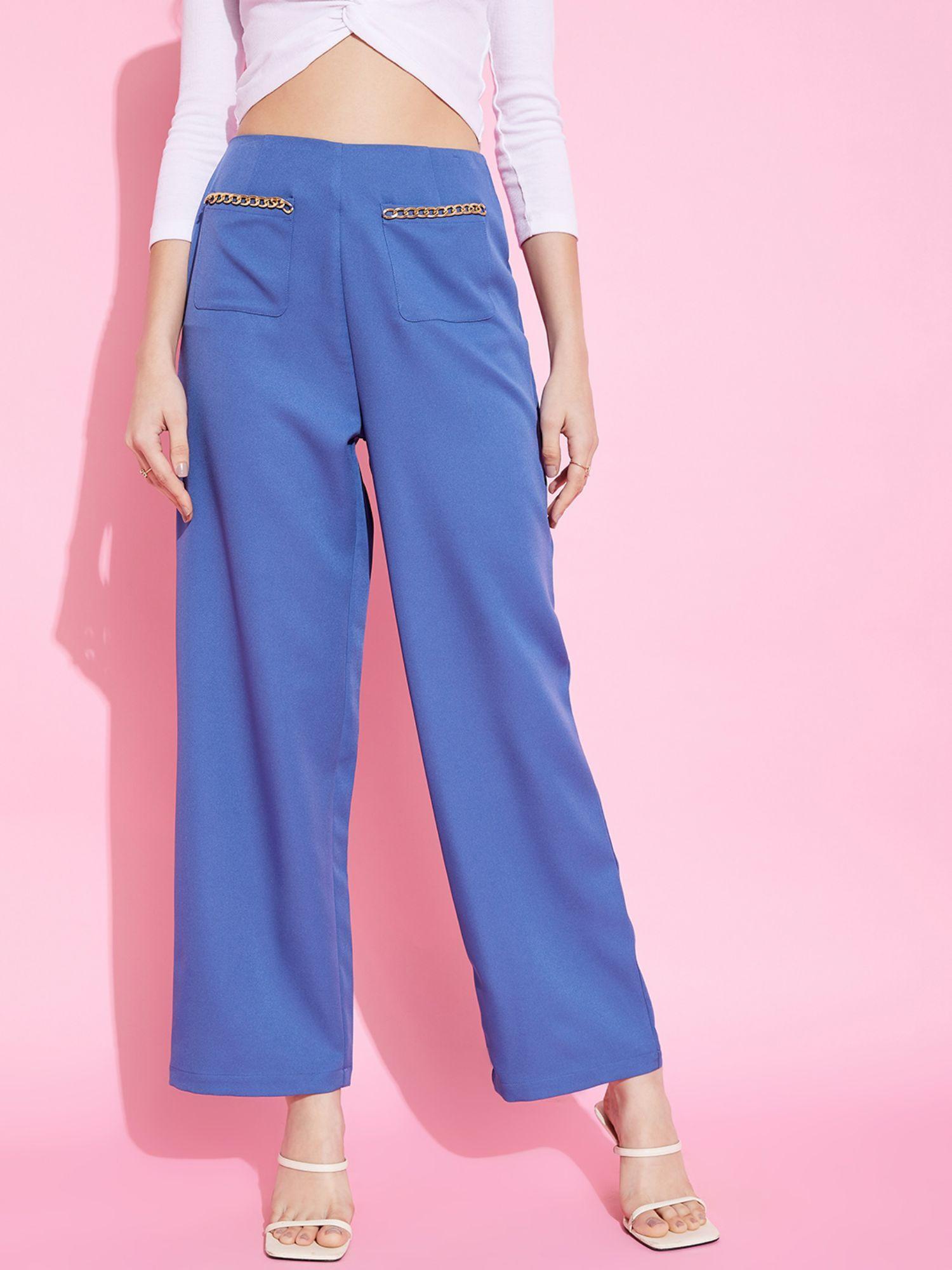 royal blue front pocket chain embellished straight parallel trouser