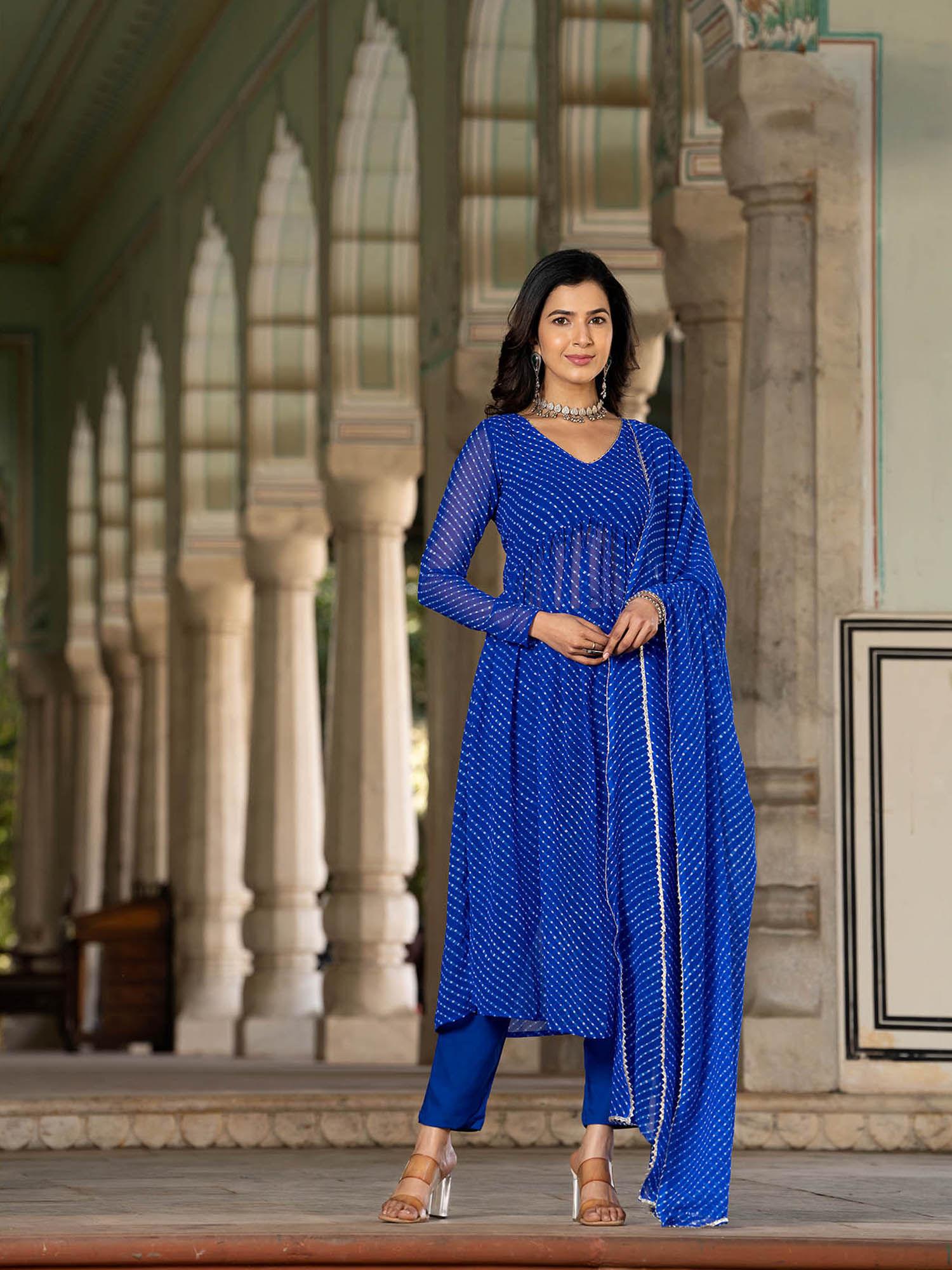 royal blue georgette flowy kurta with pant & dupatta (set of 3)