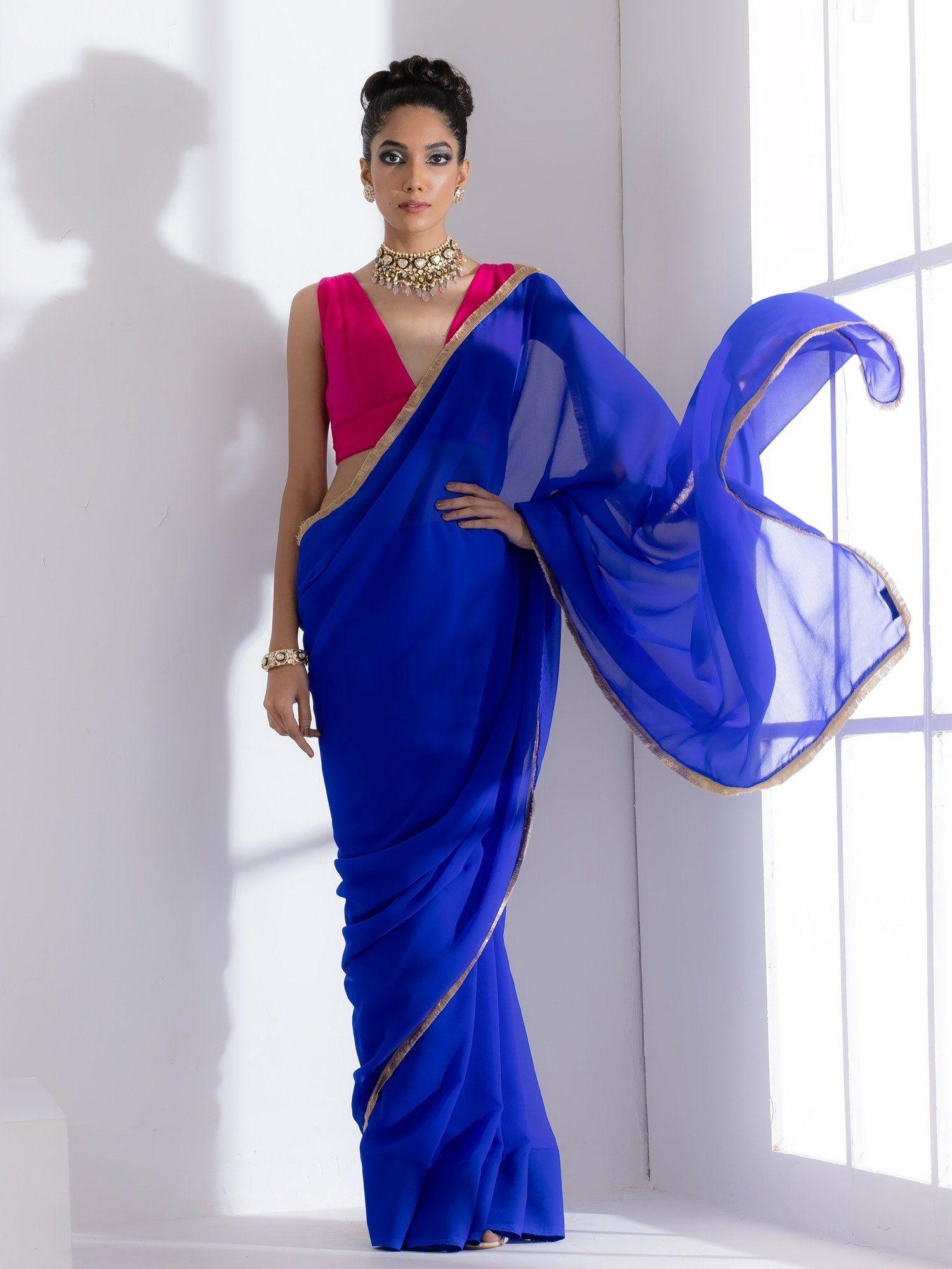 royal blue georgette saree with unstitched blouse & lace