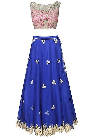 royal blue gota patti work lehenga and pink blouse set