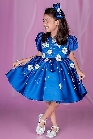 royal blue imported satin floral hand embroidered dress for girls